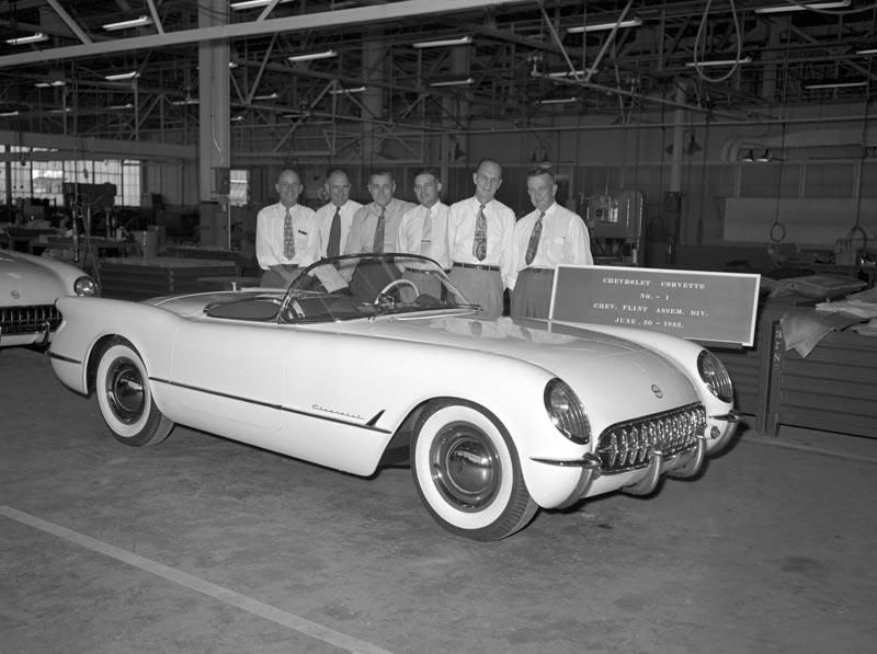GM staff pose with first Corvette produced in Flint GM Media Archives 4