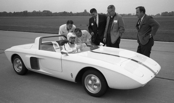 Roy Lunn with Ford engineers and the 1962 Mustang I concept Ford Motor Company Archives