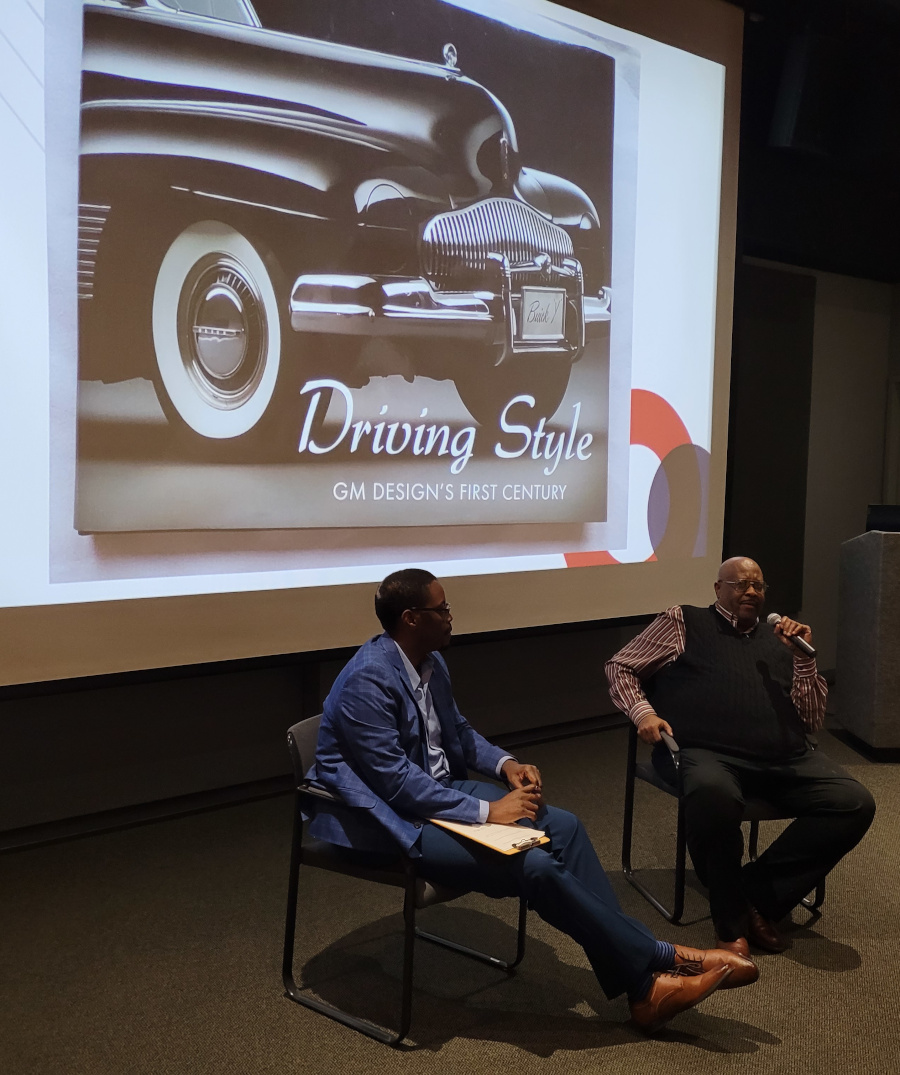 Brian Yopp with Robert Tate in the AHF auditorium discussing the exhibit opening CROPPED AND RESIZED