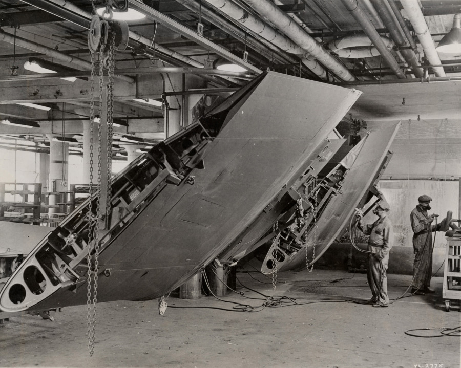 Spraying airplane wings during World War II at the DeSoto factory (National Automotive Heritage Collection)