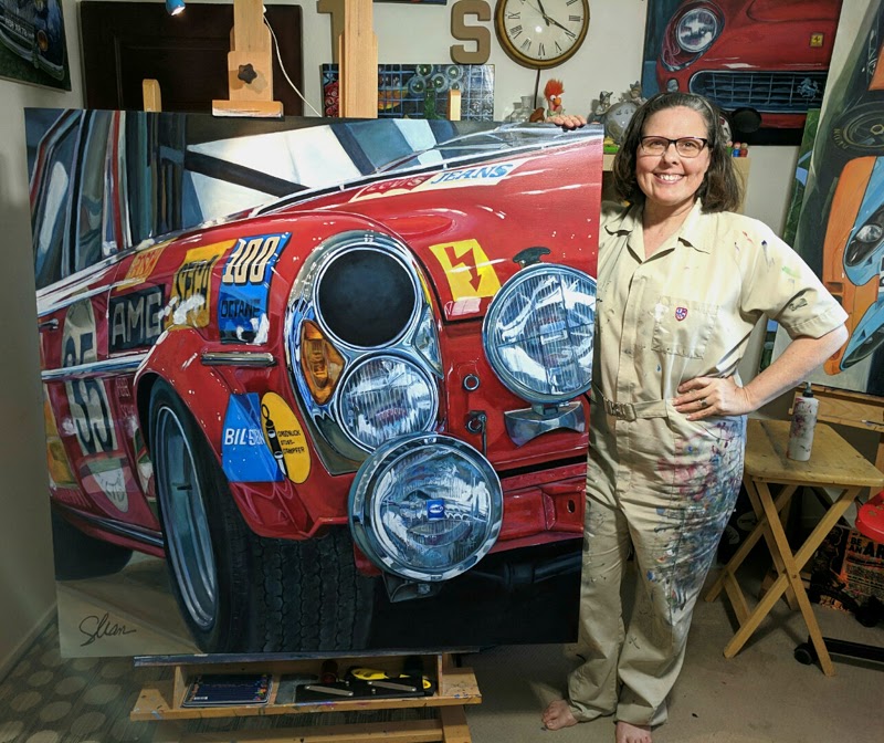 Fannin with a painting of a 1971 Mercedes race car 2