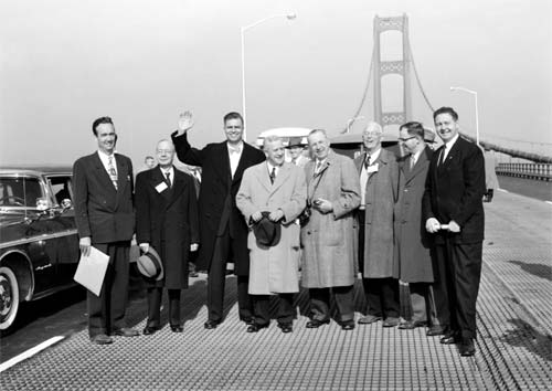 Opening Day Nov 1 1957 l to r MI Highway Commissioner John Mackie bridge designer David Steinman Gov G Mennen Williams former Governor Murray Van Wagoner other MI dignitaries Absolute Michigan 3