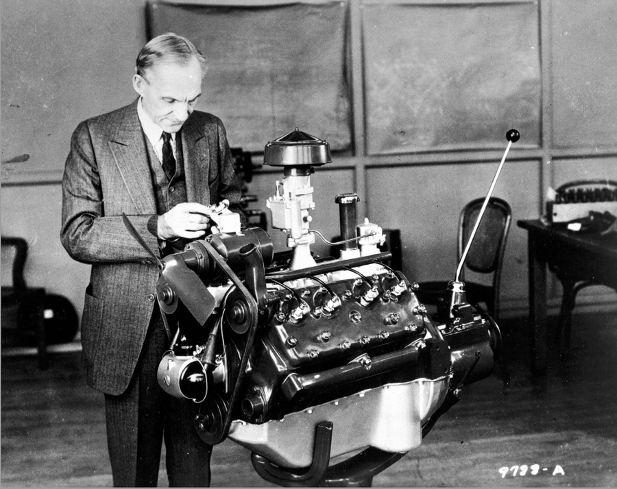 Henry Ford inspects an engine Ford Motor Company RESIZED 3