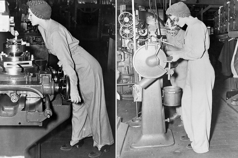 Two images of Naomi Parker Fraley working during the war Fraley Family 2
