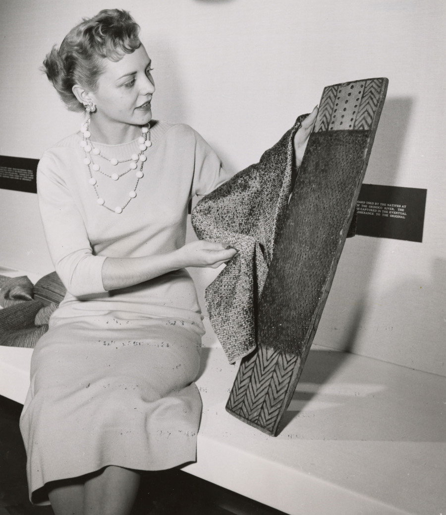 Chrysler secretary Dorothy Tokarczyk showing a fabric design 1950s RESIZED 6