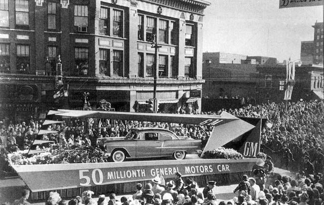 1955 Chevy 50 Millionth vehicle in Flint MI with parade GM Media Archives 3