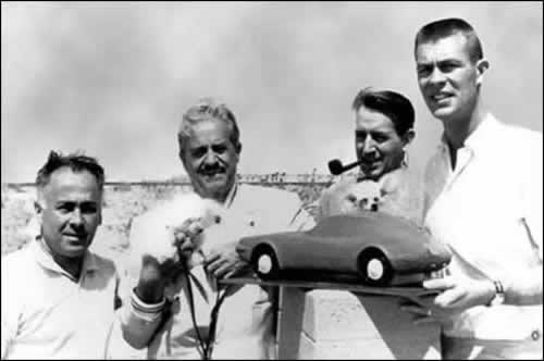 Studebaker design team in 1961 with Tom Kellogg holding clay model Avanti.com 2