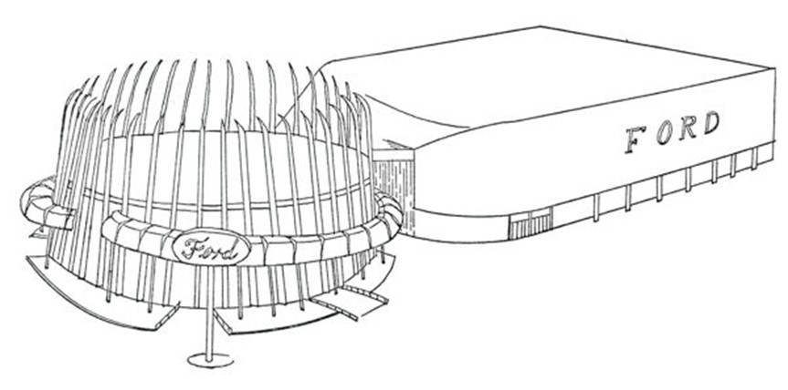 A drawing of the Ford pavilion 5