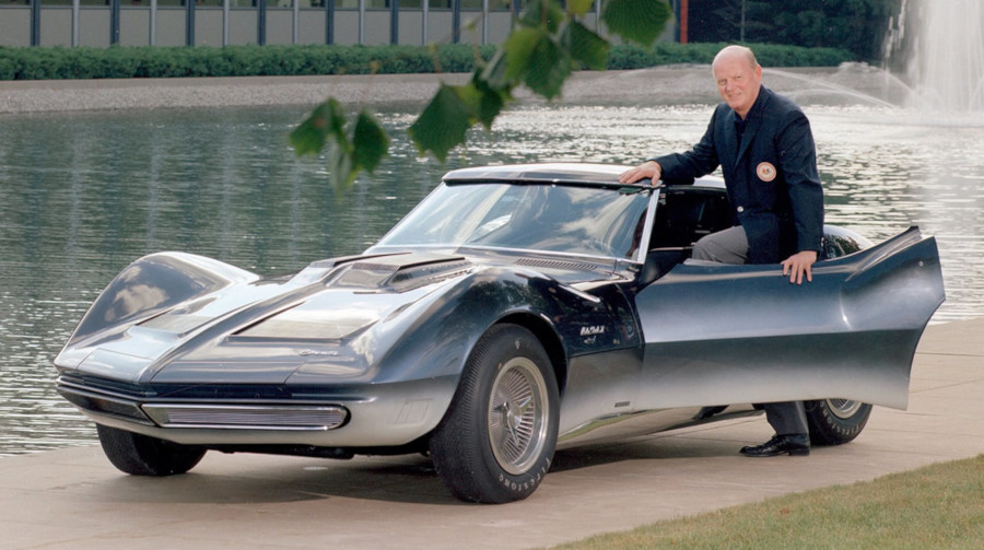 Bill Mitchell with the 1965 Mako Shark Concept Model GM Media Archives RESIZED 1