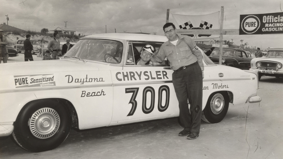 RESIZED Vicki Wood behind the wheel of a 1955 Chrysler 300 at Daytona Beach AutoWeek 1