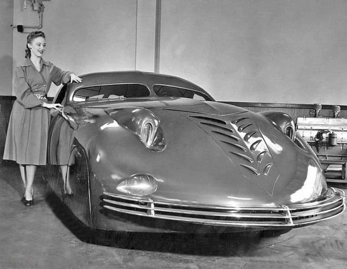 A model poses with the 1938 Phantom Corsair National Automobile Museum 2