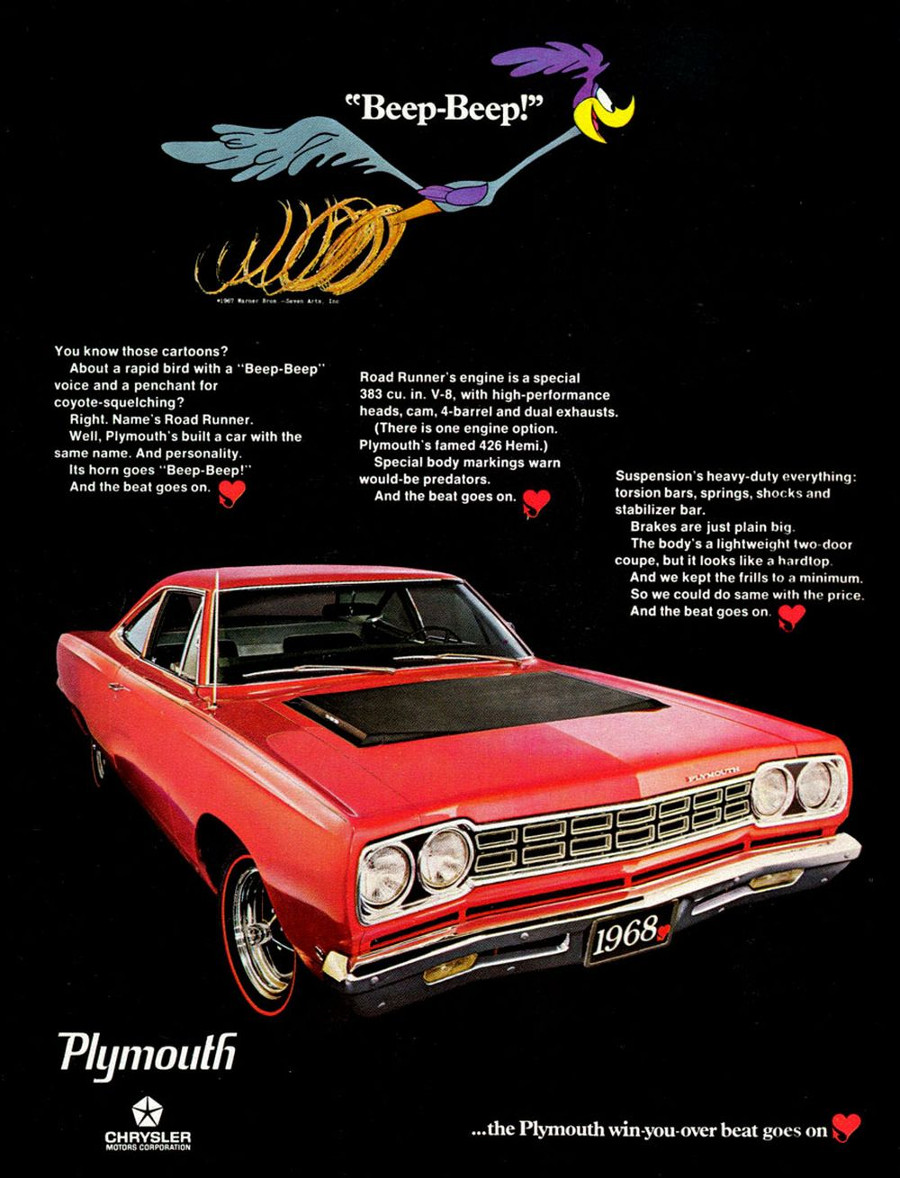 RESIZED 1968 Plymouth Road Runner ad Chrysler Archives 1