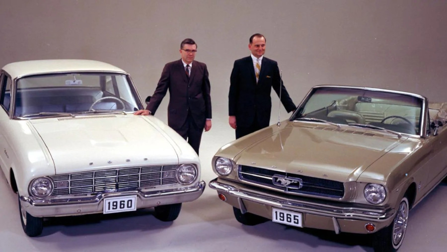 Iacocca and Mustang with engineer Don Frey and Ford Falcon RESIZED 1