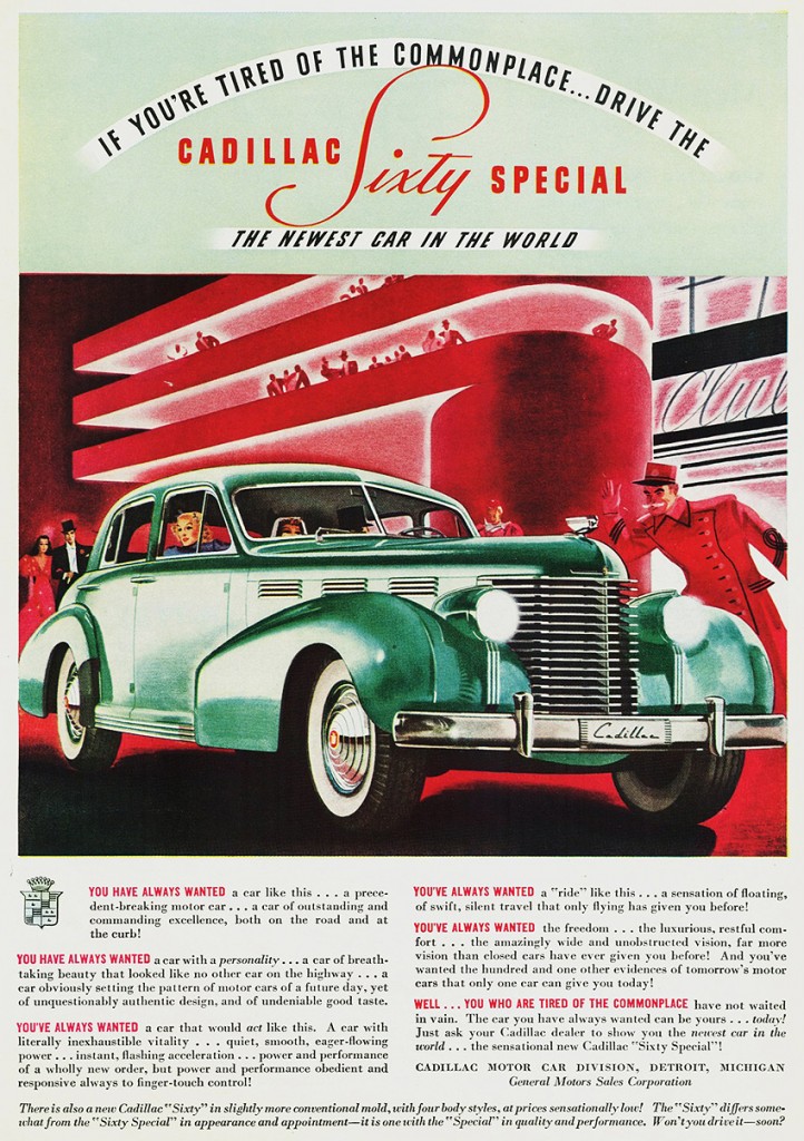 An ad for the 1938 Cadillac Sixty Special Tate Collection 1
